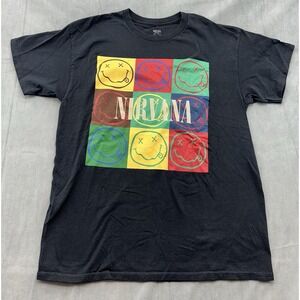 Nirvana Bleached Black Rainbow Multi Smiley Face Short Sleeve Shirt Adult Large